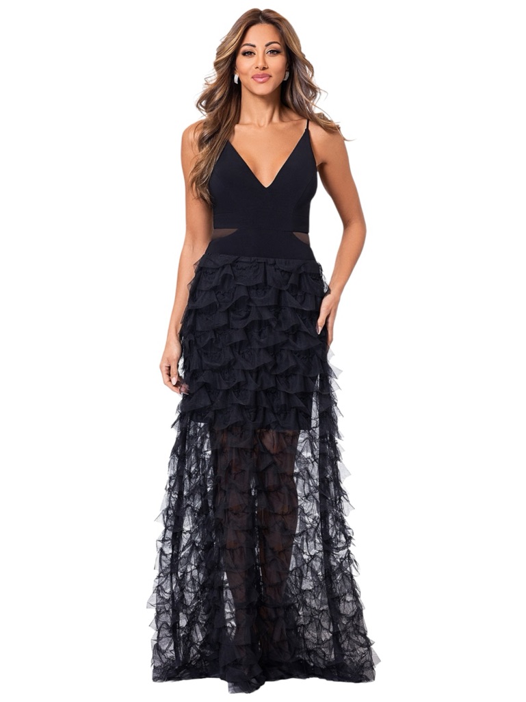 Xscape Women's V-Neck Ruffle-Trim Sleeveless Mesh Illusion Gown Black Size 8